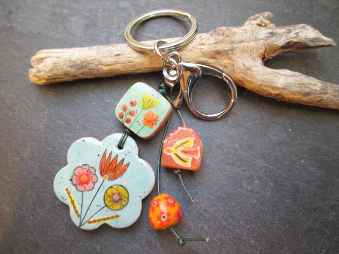 Handcrafted Floral Ceramic Bead Keychain, Boho Purse Charm - Etsy