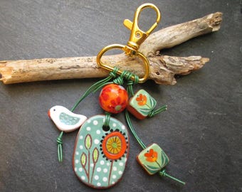Handbemalte Keramikperle Schlüsselanhänger, Taschenanhänger mit Blumen Vogel