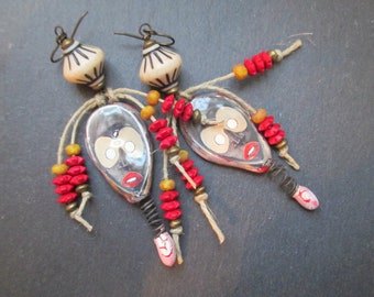 African Mask Earrings, Ceramic Tribal Masks, Statement Earrings, African Tribal Earrings, Voodoo Faces, Bold Red Dangles, ThreeWishesStudio