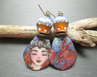 Mother of Dragons Enamel Earrings, Red Dragon Copper Dangles, Artisan Made OOAK Lampwork Earrings, Drogon GOT Dangles, ThreeWishesStudio