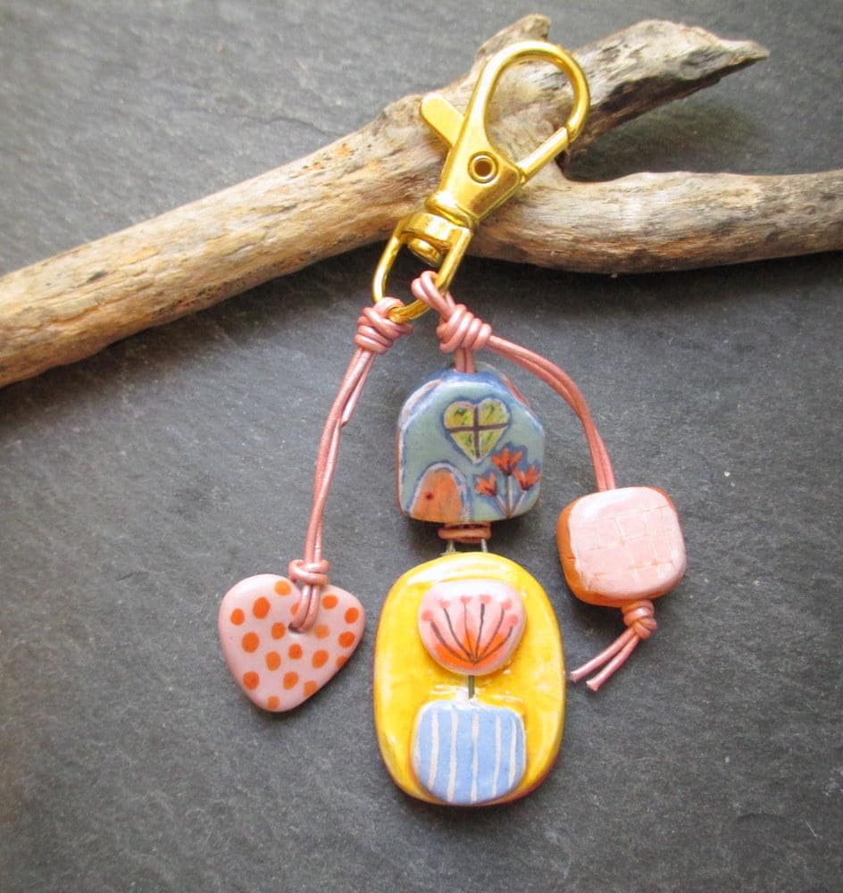 Hand Painted Ceramic House Charm, Floral Heart Beaded Keychain, Whimsical Purse Accessory