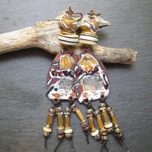 Tribal Fushion Artisan Enamel Earrings, Abstract Collage Style Dangles, Earthy Boho Assemblage Earrings, Gift for Her, ThreeWishesStudio image 1