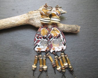 Tribal Fushion Artisan Enamel Earrings, Abstract Collage Style Dangles, Earthy Boho Assemblage Earrings, Gift for Her, ThreeWishesStudio