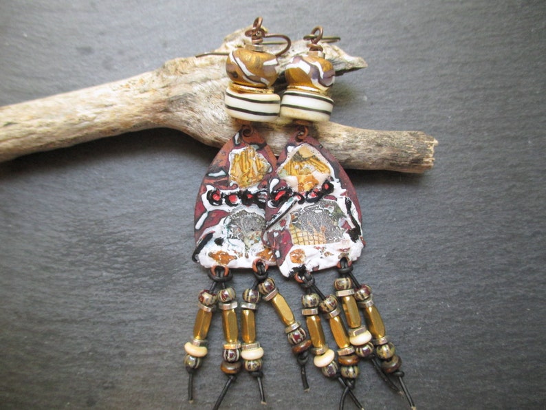 Tribal Fushion Artisan Enamel Earrings, Abstract Collage Style Dangles, Earthy Boho Assemblage Earrings, Gift for Her, ThreeWishesStudio image 1
