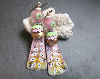 Summer Snapdragons Earrings, Pastel Floral Enamel Dangles, OOAK Lampwork Earrings, Bohemian floral Statement Earrings, ThreeWishesStudio