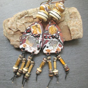 Tribal Fushion Artisan Enamel Earrings, Abstract Collage Style Dangles, Earthy Boho Assemblage Earrings, Gift for Her, ThreeWishesStudio image 4