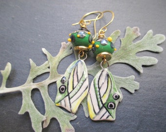 Tadpole Ceramic Earrings, Whimsical Abstract Ceramic Dangles, Spring Green Earrings, Modern Art Earrings, ThreeWishesStudio