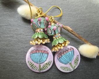 Happy Blooms Ceramic Earrings, Whimsical Flowers Hand Painted Ceramic Dangles,  OOAK Bohemian Gift for Her, ThreeWishesStudio