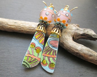 Dandy Doodles Artisan Ceramic Earrings, Whimsical Abstract Art Hand Painted Ceramic Dangles, OOAK Colorful Boho Earrings, ThreeWishesStudio