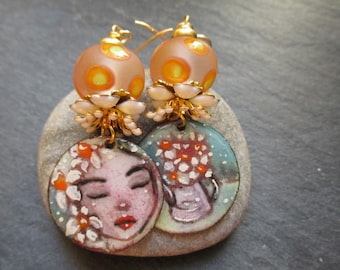 Orange Blossoms Enamel Earrings, Citrus Hued Floral Dangles, Bohemian Springtime Flower Drops, Gift for Her, ThreeWishesStudio
