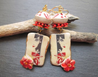 Miss Scarlet Ceramic Earrings, Artisan 1950s Style Ceramic Dangles, Mid Century Mod Fashion Earrings, OOAK Gift for Her, ThreeWishesStudio