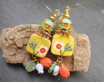 RESERVED FOR KATE, Daisy Do Ceramic Earrings, Colorful, Bright Bohemian Floral Drops, Gift for Her, ThreeWishesStudio
