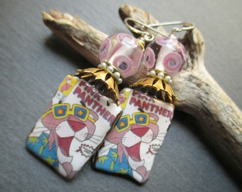 It's the Pink Panther! Ceramic Earrings, Pink Panther Cartoon Character Dangles, Cheeky Pop Art Pink Drops, Gift for Her, ThreeWishesStudio