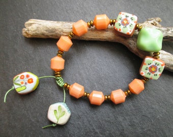 Just Peachy Ceramic Beaded Bracelet, Bohemian Peach and Mint Hand Painted Beaded Bracelet OOAK Gift for Her, ThreeWishesStudio