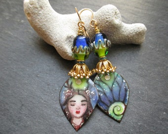 Wood Nymph Enamel Earrings, Bohemian Woodland Fairy Dangles, Mystical Full Moon Dangles, Gift for Her, ThreeWishesStudio