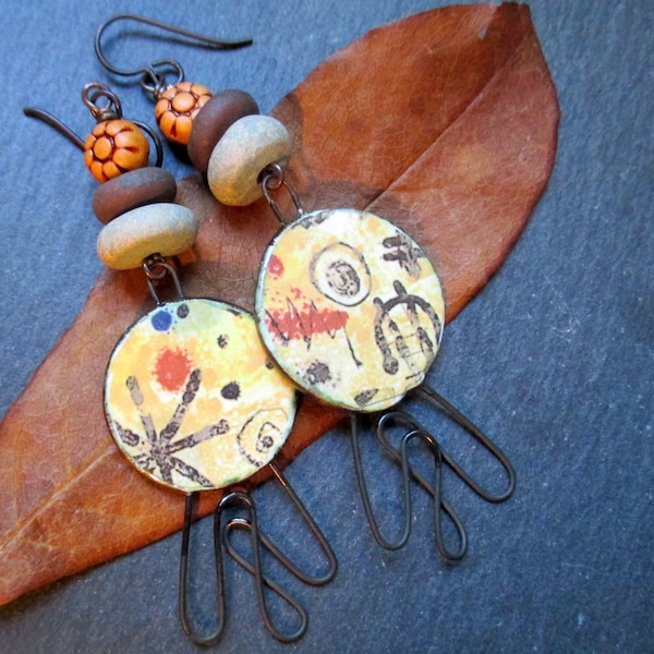 Miro Ceramic Earrings, Autumnal Abstract Art Earrings, Quirky Wearable Art, Whimsical Long Ceramic  Drops, JosephineBeads, ThreeWishesStudio