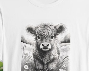 Highland Calf Unisex Tee, Cow Lover T-Shirt, Farm Animal Graphic Shirt, Cute Baby Cow Top, Nature Wildlife Tee