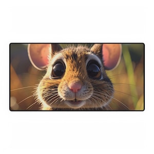 May include: A rectangular mouse pad featuring a close-up of a cartoon mouse with large, expressive eyes. The mouse has brown fur, a pink nose, and long whiskers. The background is blurred, suggesting an outdoor setting.