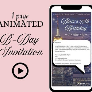 Gossip Girl Invitation Birthday Bachelorette | Digital Animation Customizable Evite, Electronic Invitation, Modern Template