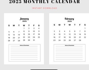 Wandkalender 2025: Minimalistischer Monatsplaner (PDF zum Ausdrucken)