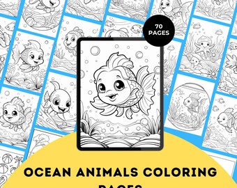 May include: A set of 70 coloring pages featuring ocean animals. The pages are black and white and feature a variety of fish, sea turtles, and other marine life.  The pages are perfect for kids of all ages who love to color.