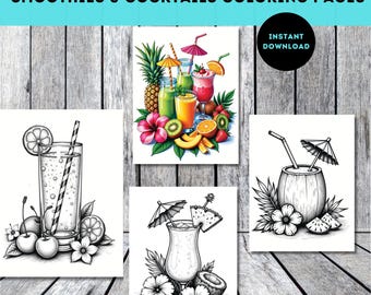 May include: Four printable coloring pages featuring smoothies and cocktails. One page is in color, showcasing a variety of tropical drinks with fruit. The other three pages are black and white line drawings of cocktails and drinks with garnishes.