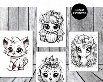 54 Cute Kawaii Animal Coloring Pages for Kids (Digital Download)
