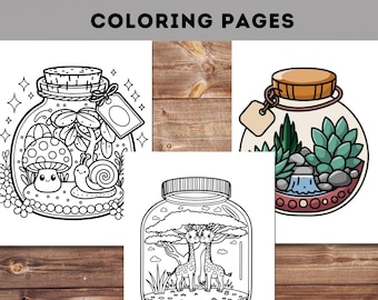 Puede incluir: Un conjunto de 30 páginas para colorear imprimibles con diferentes diseños de tarros de terrario. Cada página incluye un tarro con varias plantas, animales y objetos en su interior. Los diseños son simples y fáciles de colorear, lo que los hace perfectos para niños y adultos por igual. El texto "INSTANT DOWNLOAD - 30 PAGES - PDF - A4-A5-US LETTER" está en la parte inferior de la imagen.