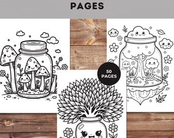 Op de afbeelding: Zwart-wit kleurplaten met kawaii bosjar-ontwerpen. De illustraties bevatten paddenstoelen, bomen en bloemen in potten. De tekst op de afbeelding luidt "KAWAII FOREST JAR COLORING PAGES" en "50 PAGES".