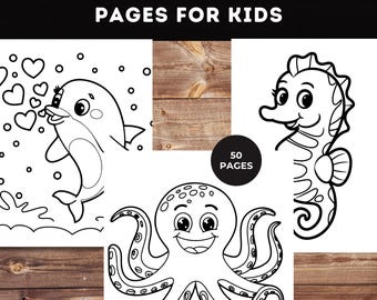Sea Animal Coloring Pages, 50 Cute Ocean Animals (Digital Download)