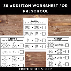 30 Addition Worksheet for Preschool,addition worksheet,Math Worksheets,Printable,Instant download,Kindergarten