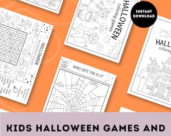 Könnte beinhalten: Eine Sammlung von Halloween-Aktivitätsblättern für Kinder, mit Wortsuchrätseln, Malvorlagen und anderen Spielen. Die Blätter sind schwarz-weiß und zeigen Bilder von Geistern, Spinnen und Spukhäusern. Der Text "Sofort-Download" ist ebenfalls sichtbar.