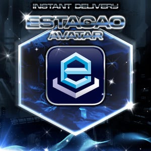 May include: A blue and white hexagonal logo with the letter "E" inside. The logo is surrounded by a glowing blue hexagon and the text "ESTACAO AVATAR" in white letters. The background is a dark blue and black abstract design.
