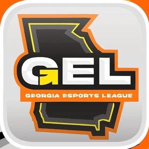 May include: A square logo with a white border features the letters "GEL" in white, with a yellow arrow in the "G". Below, the text "GEORGIA ESPORTS LEAGUE" is in orange. The background is black and orange.