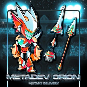 May include: A red, white and blue robot character with a spear weapon. The robot has a helmet with a visor and a sharp, pointed head. The spear has a green and white design. The text "METADE DEV ORION INSTANT DELIVERY" is at the bottom of the image.