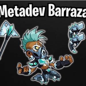 以下が含まれることがあります： 「Metadev Barraza」と題されたデジタルイラスト。ターコイズブルーのモヒカン、ダークなマスク、ターコイズブルーのアクセントが入った鎧を身にまとったキャラクターが描かれています。左側にはギザギザの斧、右側には2丁のピストルが配置されています。