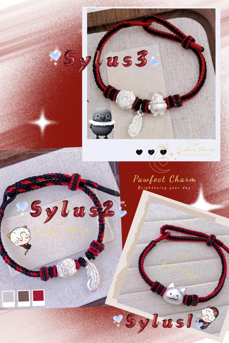May include: Red and black braided bracelets with silver charms. One bracelet features a cat charm, another has an owl charm, and the third has a round charm. Each bracelet has a feather charm. The text "Sylus" is visible.
