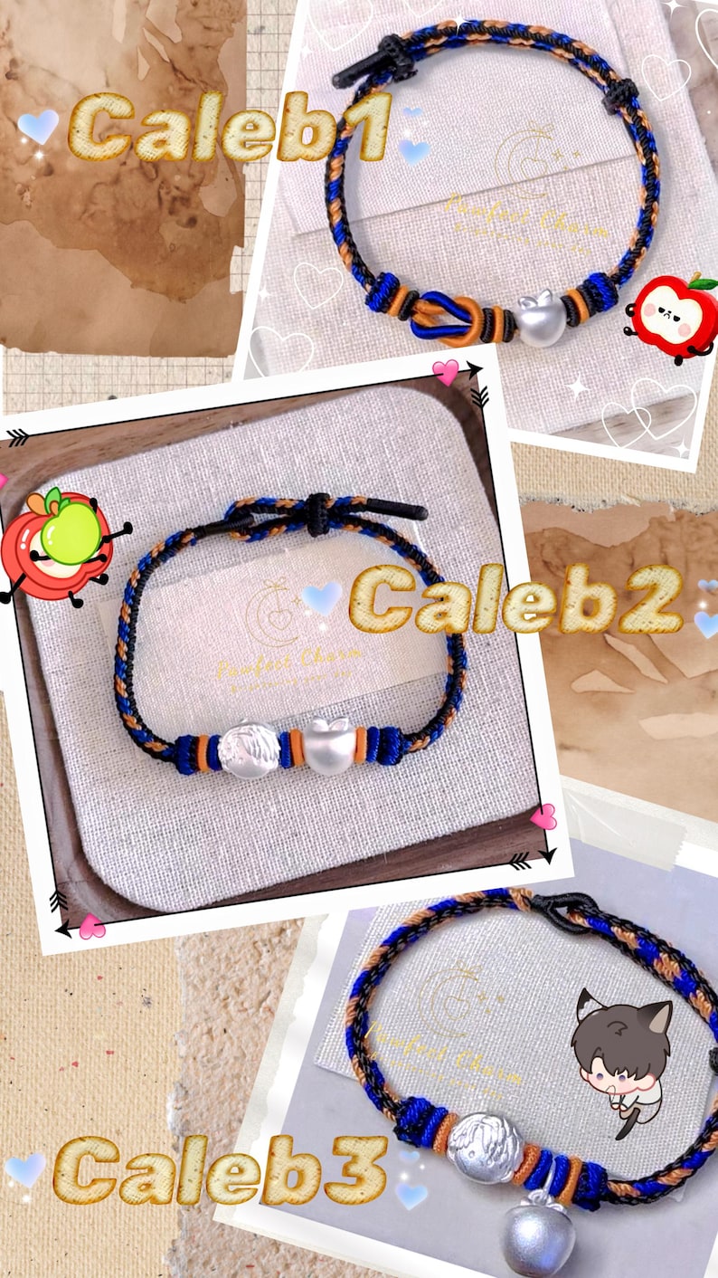 May include: Three handmade bracelets with blue, orange, and black braided cords. Each bracelet features a silver charm and a knot closure. The bracelets are displayed on a neutral background with decorative elements.