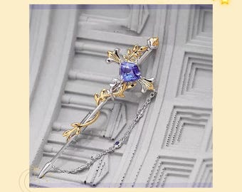 Exquisite Sword-Shaped Brooch with Gem and Wheat Motif, Silver & Gold Accent, Elegant Long Chain – Unique Jewelry for Special Occasions