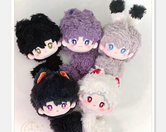May include: Five plush toys in the shape of cartoon characters with different colored fur. The characters have large eyes and small mouths. The toys are arranged in a circle on a white background. The text "Pawfect Charm" and "My Love" are visible in the image.