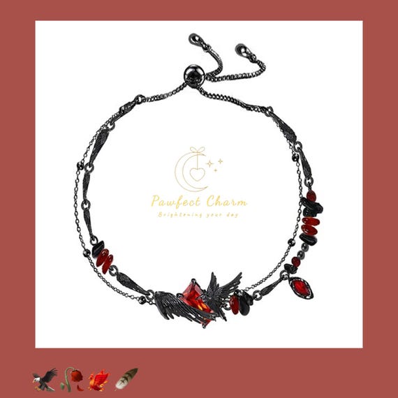 Sylus Love and Deepspace Crow Bracelet - Black Elegance, Red Gemstone Accents, Black and Red Bead, Crow Symbol - Mystical Theme