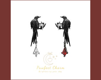 Sylus Love and Deepspace - Mystic Crow Earrings – Elegant Black Crow with Sparkling Red Gemstone– Handcrafted Artistic Jewelry