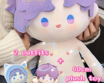 May include: A 40cm plush toy with purple hair and a white body. The toy comes with two outfits, one blue and one with a gold design. The text "2 outfits + 40cm plush toy" is written on the toy's body.