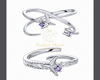 Caleb Pilot Flügel Ring - Love and Deepspace Einstellbar S925 Silber | Sternenklarer violetter Zirkon-Stein | Pawfect Charms passenden Set
