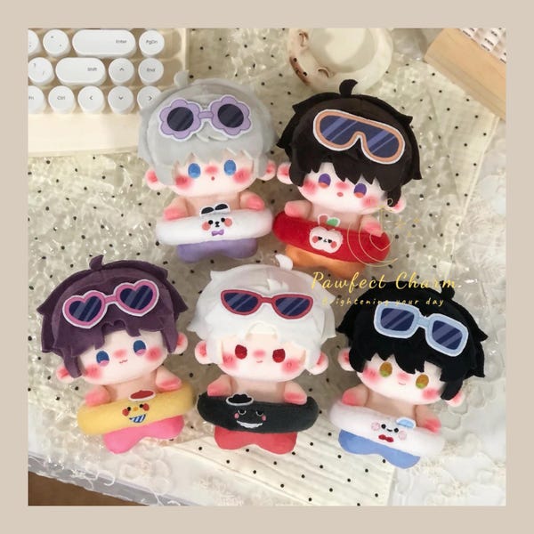 Love&Deepspace Pool Party Cotton Doll, pelúcia de 10 cm com óculos de sol e boia, 5 personagens: Sylus, Zayne, Xavier, Rafayel e Caleb, traje de banho de verão