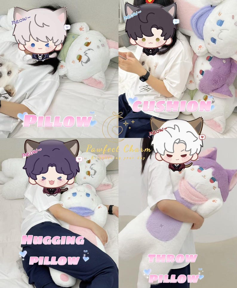 Op de afbeelding: Een collectie pluche kussens in de vorm van een kat in wit en paars, met geborduurde gezichtsdetails, roze binnenoren en pootaccenten. De afbeeldingen bevatten de tekstoverlays PILLOW, CUSHION, HUGGING PILLOW en THROW PILLOW.