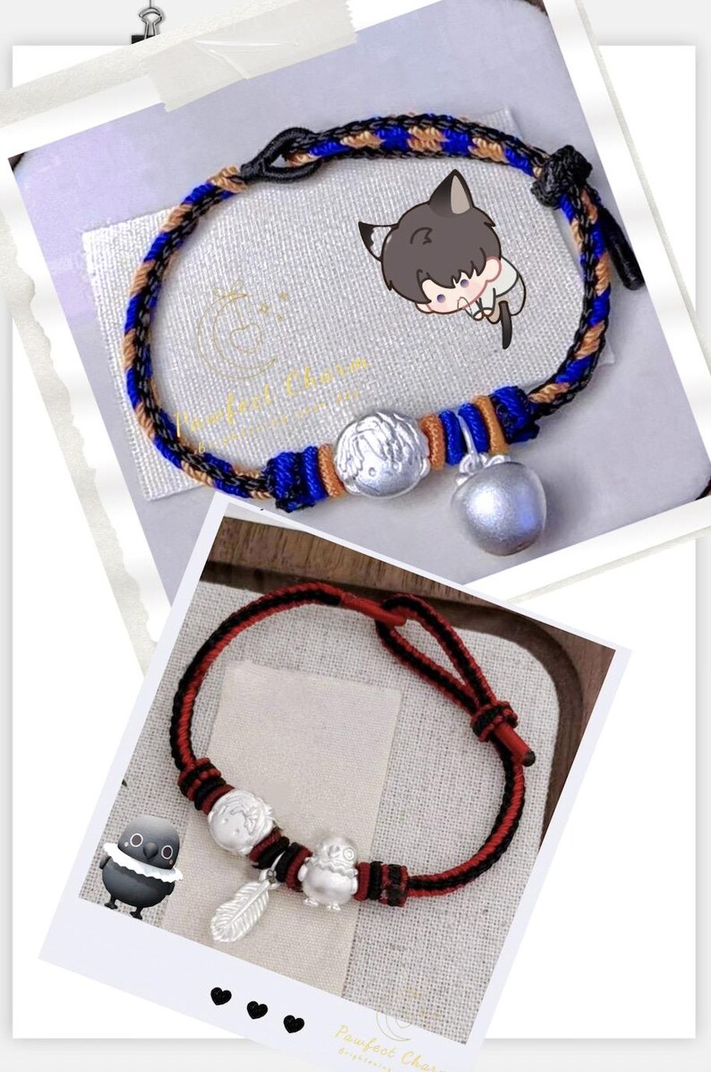 May include: Two braided bracelets. One is blue, brown, and black with a silver apple charm and a round charm. The other is red and black with a silver owl charm, feather charm, and round charm. Both are on a white background.