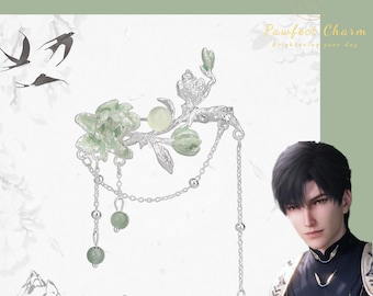 Love&Deepspace Zayne Master of Fate Jasmin Brosche / Haarnadel - Prehnit Stein, Grün und Silber Floral Schmuck mit Ketten Akzenten