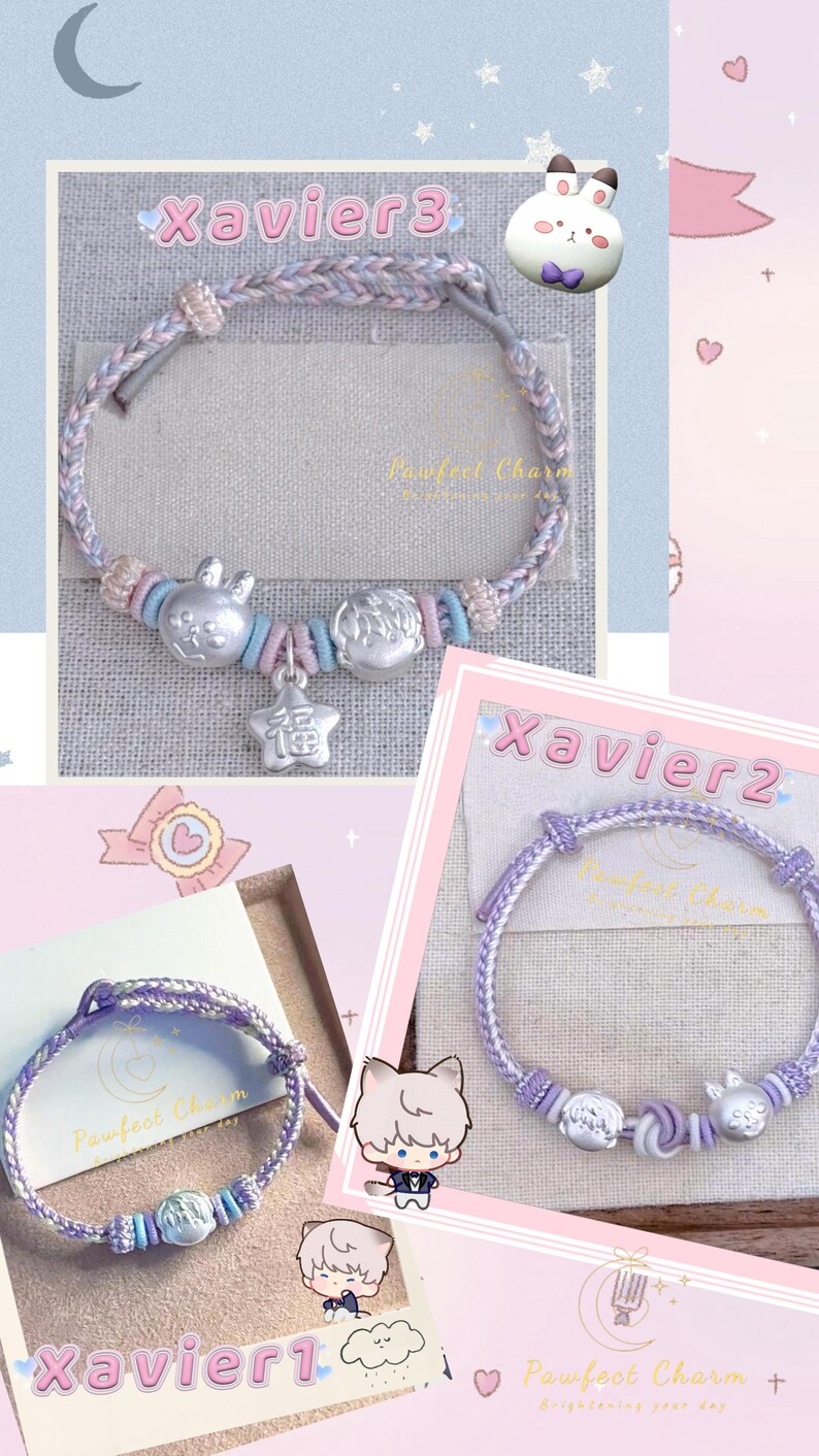 May include: Three bracelets with braided cords in shades of purple, blue, and gray. Each bracelet features silver charms, including a bunny, a boy, and a star with Chinese characters. The text "Xavier" is visible on the packaging.