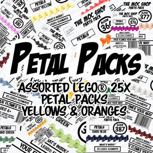 Puede incluir: Un collage de envases de productos The Moc Shop Parts Pack, que presenta varios elementos LEGO etiquetados como pétalos en colores como amarillo claro, coral, magenta, metálico, verde, azul oscuro y naranja, con el texto Petal Packs y Yellows & Oranges.